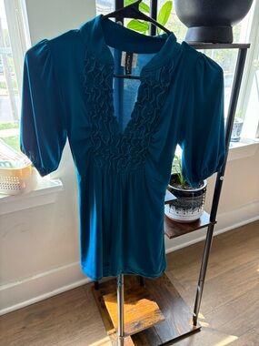 Heart Soul Teal Ruffle V-Neck Puff Sleeve Blouse
